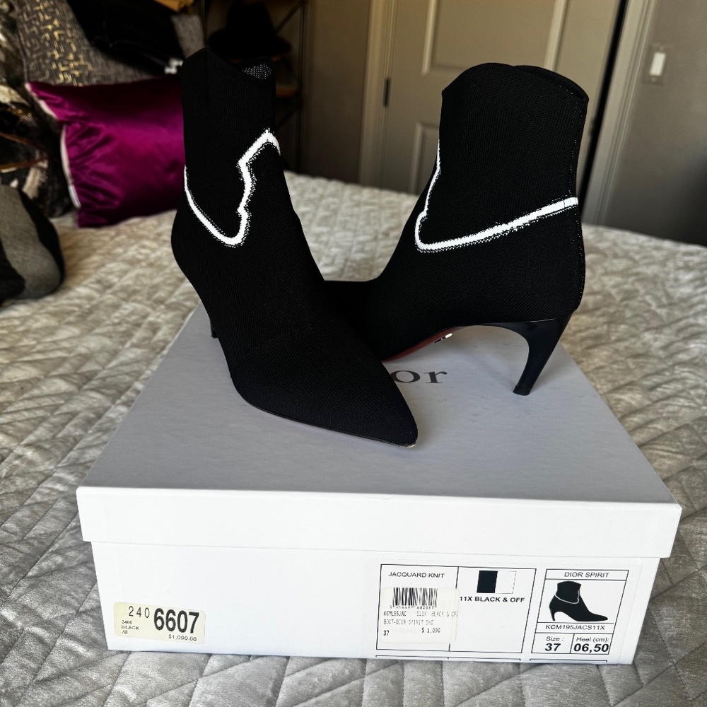 Dior Women's Black and White Ankle Boots - Pull on Sock Boot, sz 37